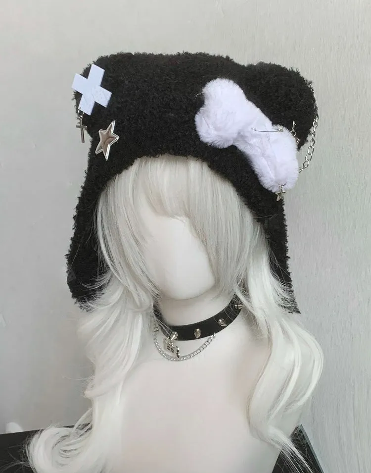 Black/White Cross and Pin Accents Bear Ear Plush Hat