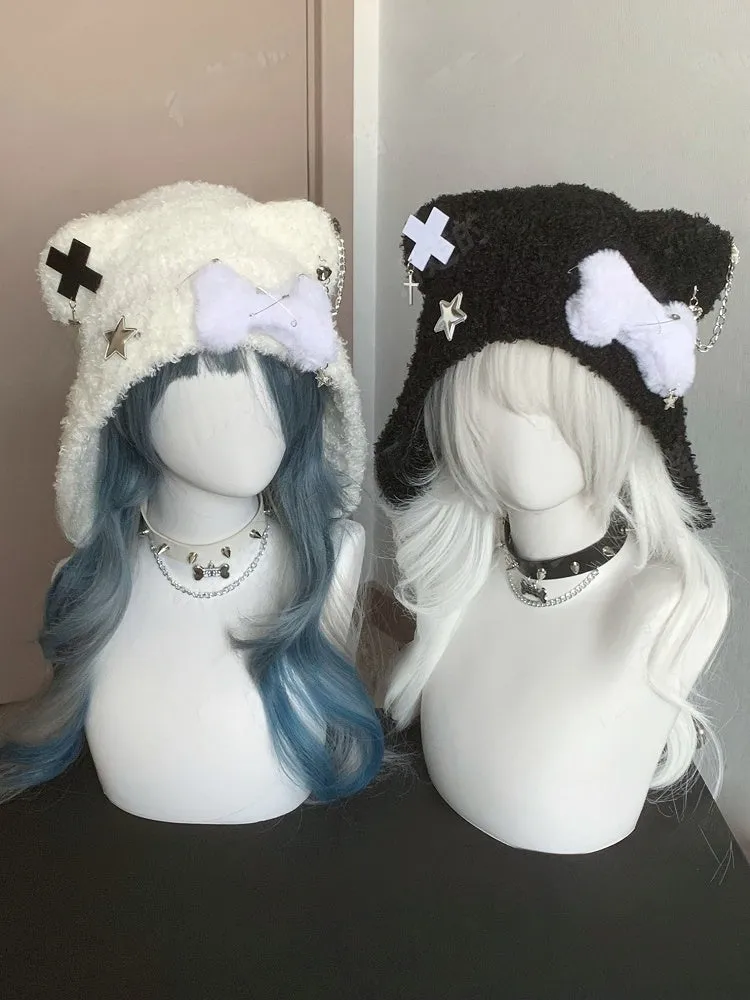 Black/White Cross and Pin Accents Bear Ear Plush Hat
