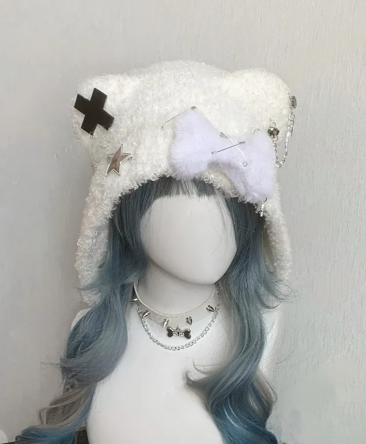Black/White Cross and Pin Accents Bear Ear Plush Hat