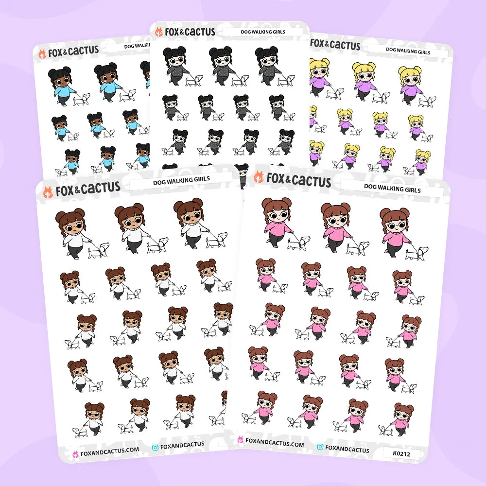 Dog Walking Kawaii Girl Stickers