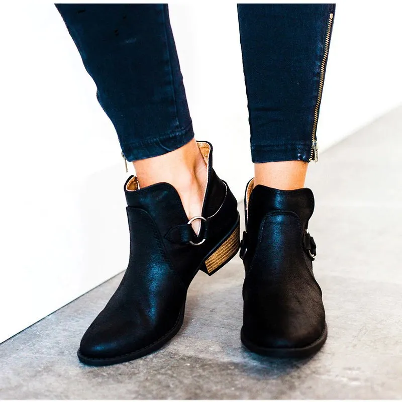 Women's Autumn Low-Heeled Ankle Boots With Buckles