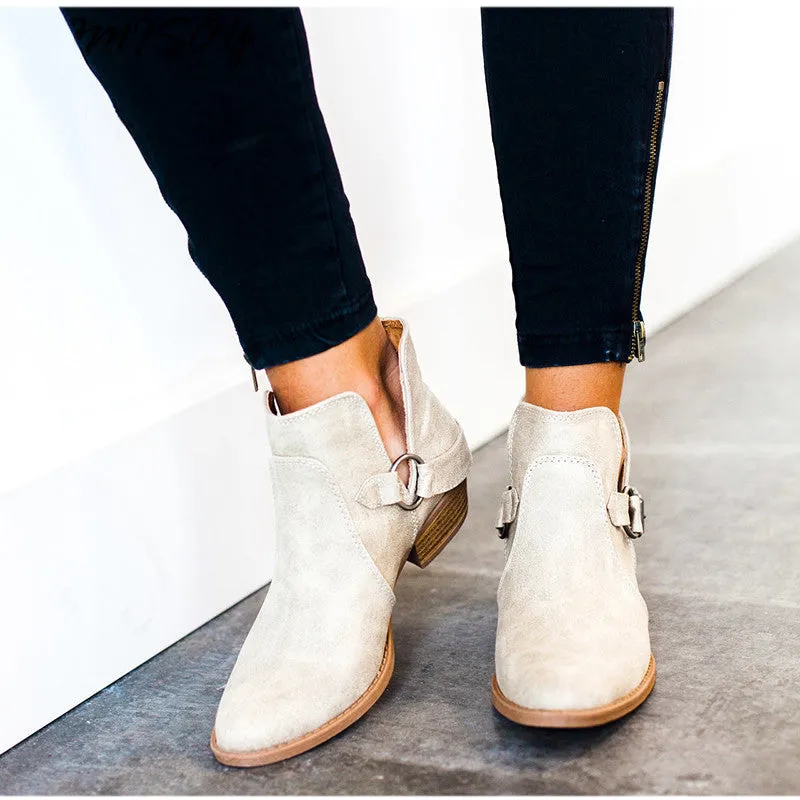 Women's Autumn Low-Heeled Ankle Boots With Buckles