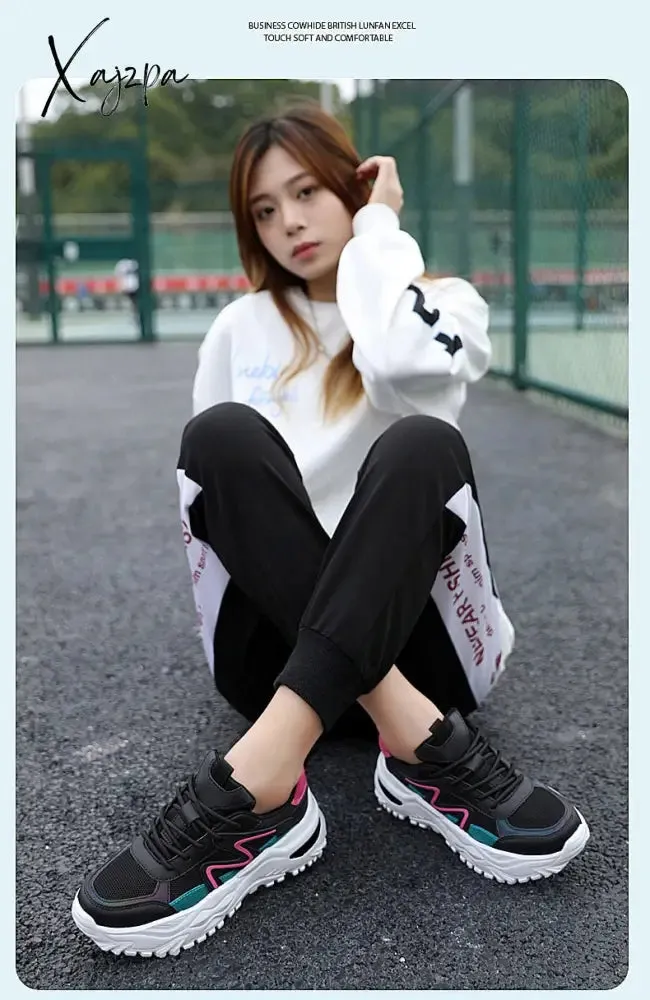 Xajzpa - Women Chunky Sneakers White Vulcanize Shoes Plus Size 35-43 Female Platform Running Sneakers Ladies Black Casual Shoes
