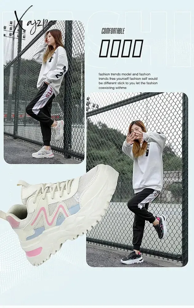 Xajzpa - Women Chunky Sneakers White Vulcanize Shoes Plus Size 35-43 Female Platform Running Sneakers Ladies Black Casual Shoes