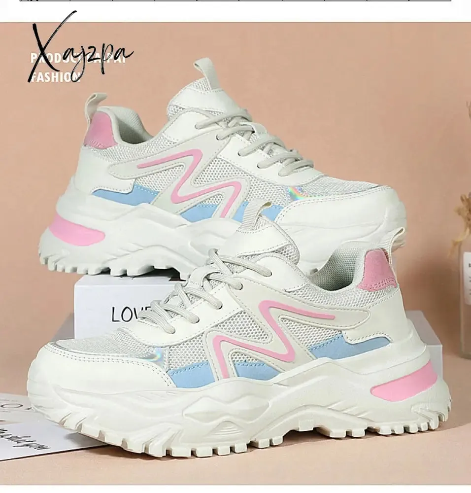 Xajzpa - Women Chunky Sneakers White Vulcanize Shoes Plus Size 35-43 Female Platform Running Sneakers Ladies Black Casual Shoes